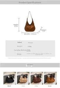 Detailed size chart and multi-color options for the suede PU large Hobo tote bag