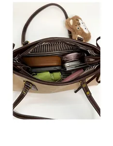 Top view of spacious tote bag interior showing striped lining and daily essentials