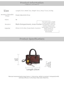 Detaillierte Größentabelle für minimalistische PU-Lederhandtasche mit Maßen und Struktur
