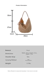 Spécifications de taille pour sac bandoulière en peluche marron avec dimensions détaillées