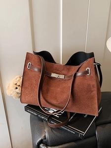 Vintage Large Capacity Matte Suede PU Leather Tote Bag With Metal Lock Bear Pendant Retro Minimalist Shoulder Daily Handbag