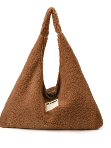 Caramel shearling tote bag with triangular structure and SEEYOU woven label