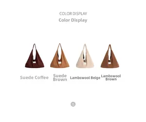 Multiple color display of faux shearling and suede tote bags with decorative labels