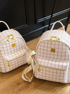 Women Elegant Pink White Tweed Plaid Backpack Small Fragrance Style Large Capacity Fashion School Bag Work Commute Rucksack