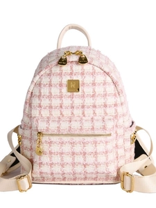Pink and white tweed quilted backpack for women with leather straps and gold hardware