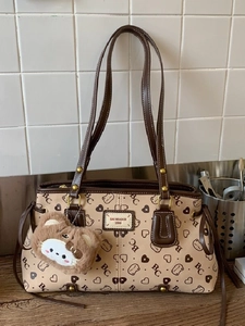 Large Capacity Vintage All-over Print Tote Bag Women PU Leather Shoulder Bag Casual Commuter Handbag With Charm