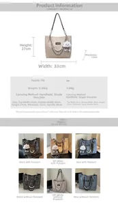 Detail view of large PU leather tote bag with metal chain and pearl pendant accessory