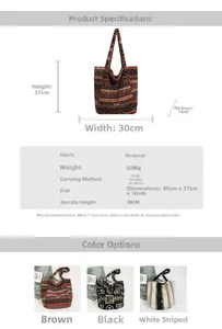 Detailed size specifications for a large capacity ethnic pattern tote bag with 30x37cm dimensions