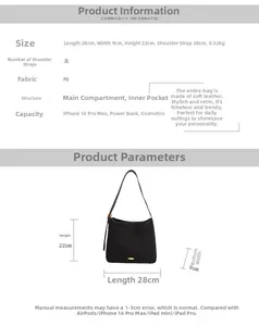 Detailed dimensions of the black PU leather bucket bag with size and capacity info