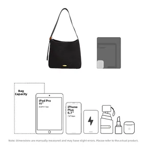 Detailed capacity guide for black tote bag showing 11-inch tablet and smartphone fit