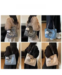Detailed views of floral jacquard shoulder bags with pearl chains and plush cloud charms