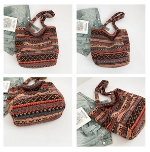 Detail views of ethnic jacquard knit tote bag featuring plush texture and colorful stripes