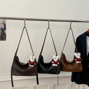 Retro leather Hobo shoulder bags in dark brown and black with plush bear charms