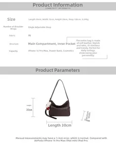 Detailed size chart for coffee brown PU leather hobo bag with precise dimensions