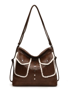 Retro large capacity dark brown faux leather tote bag with white shearling trim and studs