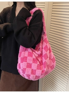 Pink checkered plush tote bag for women shown as a stylish autumn crossbody bag