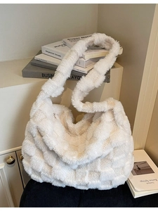 White plush checkered tote bag with soft faux fur and large capacity for women