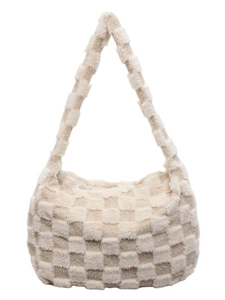 Women plush checkerboard shoulder bag in creamy white hobo style with wide strap