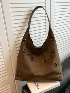 Women Suede Laser Cutout Floral Tote Bag Large Capacity Bohemian Retro Shoulder Bag Commute Shopping Handbag
