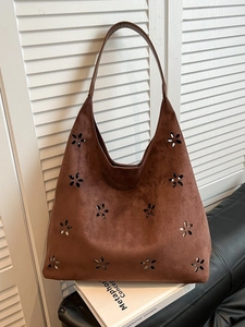 Retro dark brown suede tote bag with floral laser-cut patterns for women's daily commute