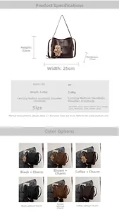 Detailed size specifications and color options for the vintage bucket shoulder bag