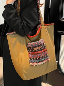 Ethnic style tote bag in olive green nylon with color-block fleece texture details
