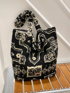 Ethnic style black and white lamb wool tote bag with geometric patterns and large capacity