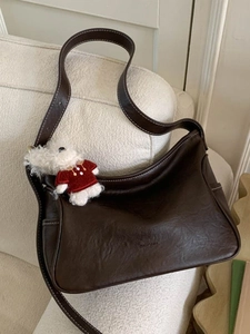 Women Vintage PU Leather Shoulder Bag Large Capacity Hobo Crossbody Bag Contrast Stitching Tote With Plush Dog Pendant