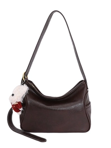 Retro deep brown hobo shoulder bag with smooth oil leather texture and cute plush charm