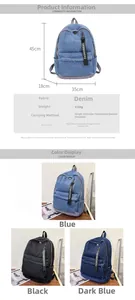 Detail view of denim backpack showing dimensions 35x45x18cm and fashion strap design