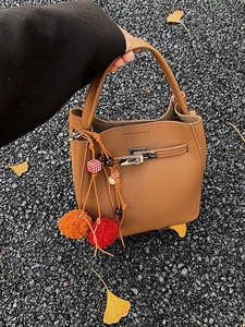Brown lychee leather bucket bag with silver lock and colorful pompom charms on autumn road