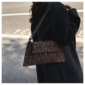 Close-up of leopard print bag with metal chain strap and silver twist lock detail