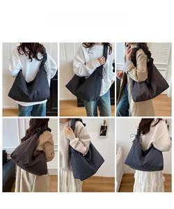 Collage of model wearing a large pleated dark canvas hobo bag for casual daily use