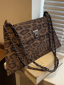 Women Vintage Leopard Print PU Leather Crossbody Bag Fashion Chain Shoulder Bag Square Underarm Bag With Metal Lock Brown Coffee