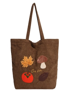 Sac fourre-tout en velours côtelé marron foncé avec broderies d'automne et grande taille