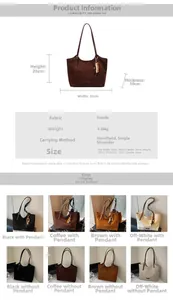 Guide des tailles détaillé pour le sac cabas en daim montrant dimensions et couleurs