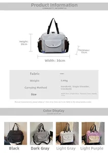 Detailed size chart for large canvas shoulder bag with multi-pocket design and measurements
