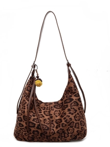 Fashionable leopard print faux suede tote bag with brown leather strap and pompom charm