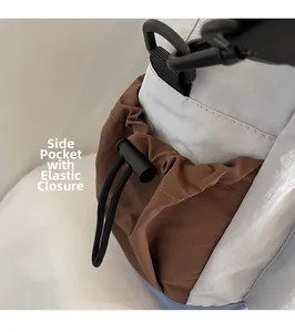 Detail of side pocket with elastic buckle on ripstop nylon crossbody bag
