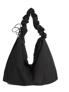 Large capacity black and white plaid canvas hobo bag with scrunchie handle and pleat design