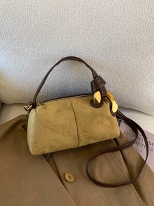 Borsa a bauletto in pelle scamosciata senape vintage con manici in pelle marrone