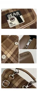 Détails du sac cabas à carreaux marron avec fermetures éclair et boucles argentées