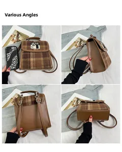 Vues multiples d'un sac à dos à carreaux marron montrant les détails de tous les côtés
