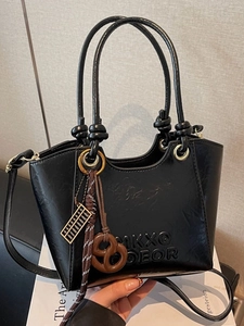 Vintage PU Leather Bucket Bag For Women Embossed Letter Handbag Retro Crossbody Bag Trendy Commute Shoulder Bag With Charm