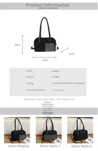 Detailed size specifications for a stylish faux suede tote bag with contrast stitching