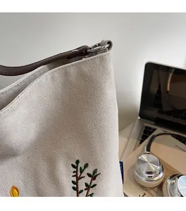 Detailed view of floral embroidery on beige canvas tote with premium leather straps