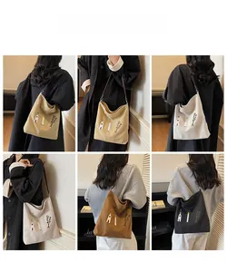 Collage of four vintage embroidered canvas shoulder bags in khaki, beige, brown and black