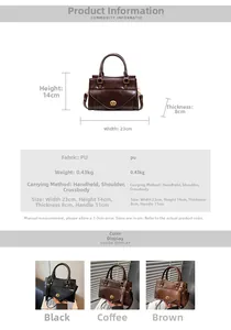 Detailed size specifications and retro PU leather handbag dimensions with 23cm width