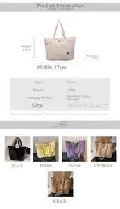 Detailed size chart for large tote bag showing 47cm width and five available colors