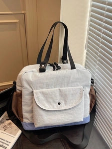 Lightweight water-resistant nylon shoulder bag with blue patchwork and large capacity